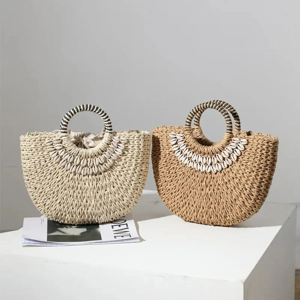 Straw Woven Tote – Cream, Shell Detail, Lined, Drawstring, Resort‎ Beach Bag NWT